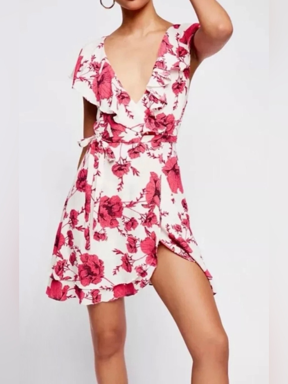 Free People White and Pink Floral Wrap Mini Dress - Size M